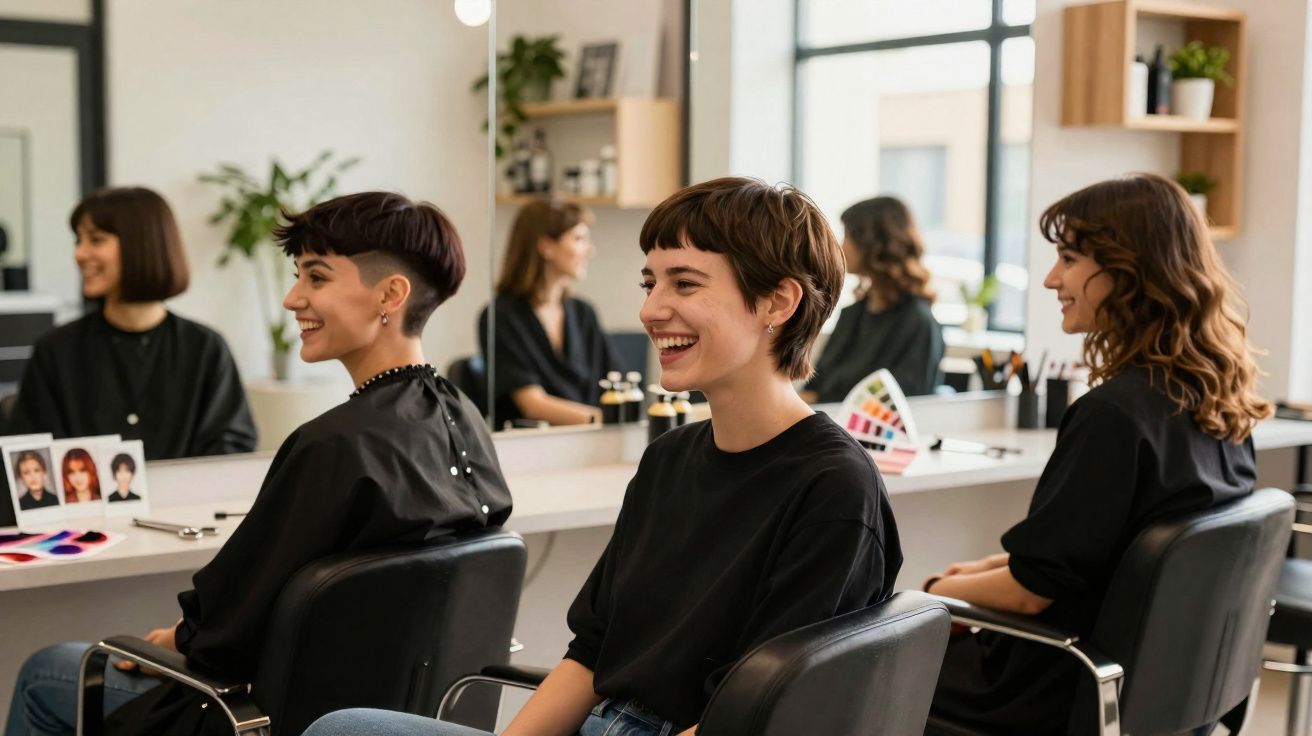Duas mulheres sentadas em cadeiras de salão de beleza, sorrindo e conversando em ambiente iluminado com espelhos.