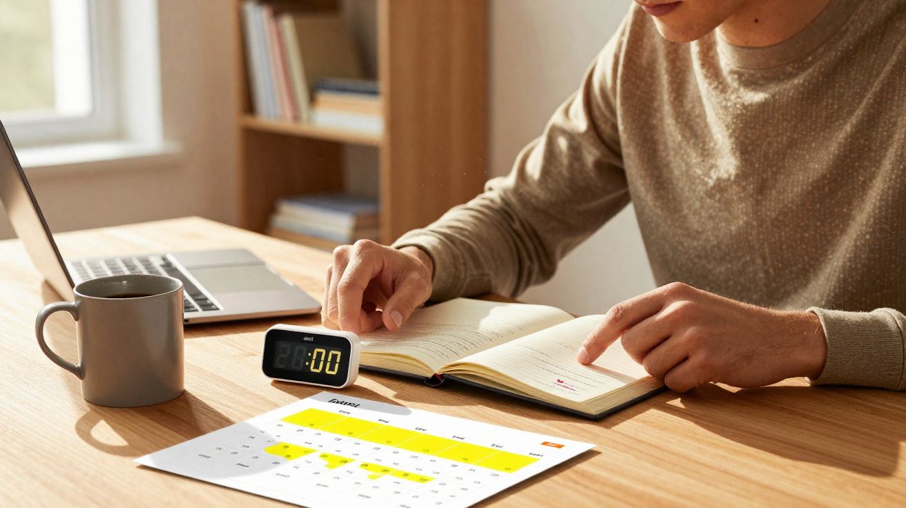 Pessoa estudando com livro aberto, calendário, relógio digital e caneca em mesa de madeira iluminada.