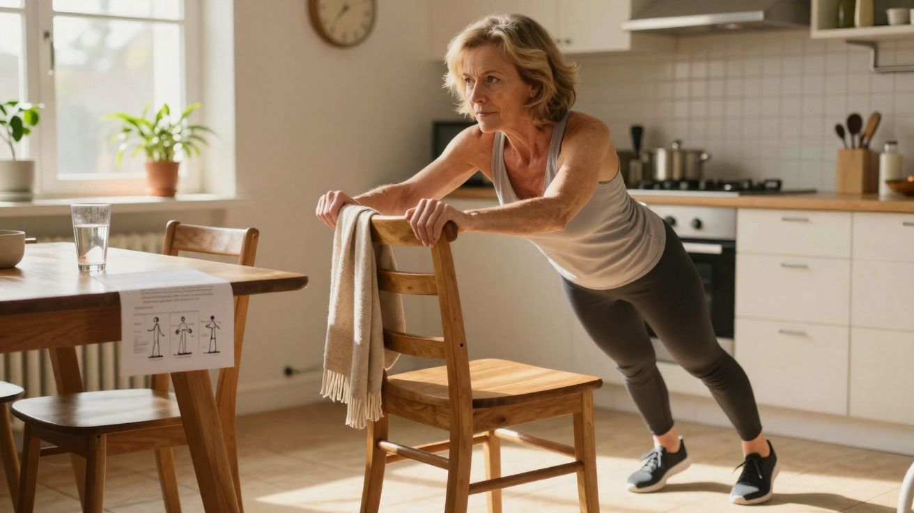 Mulher madura fazendo exercício de apoio em cadeira na cozinha iluminada pela luz natural.