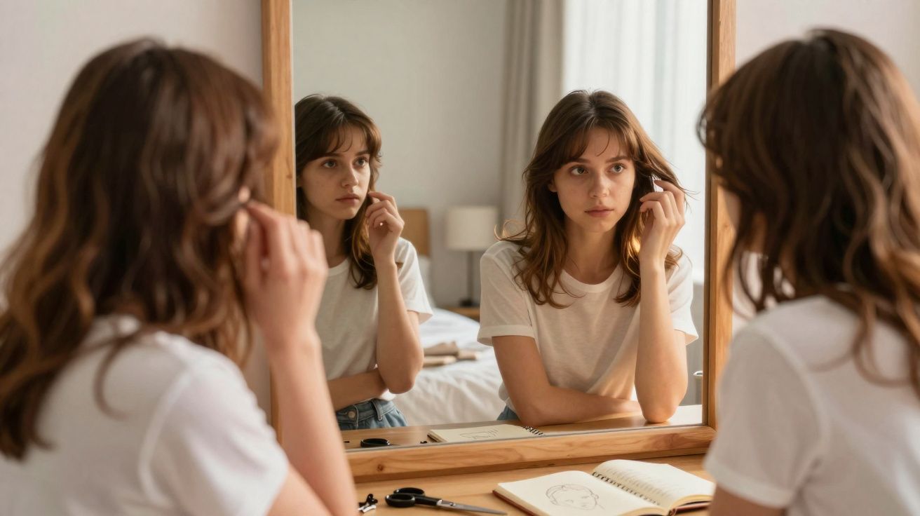 Jovem com camiseta branca sentada em frente a um espelho, ajustando brinco, com caderno de desenho na mesa.