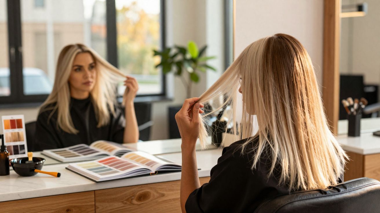 Mulher loira analisando o cabelo e cores em salão de beleza com espelho à frente.