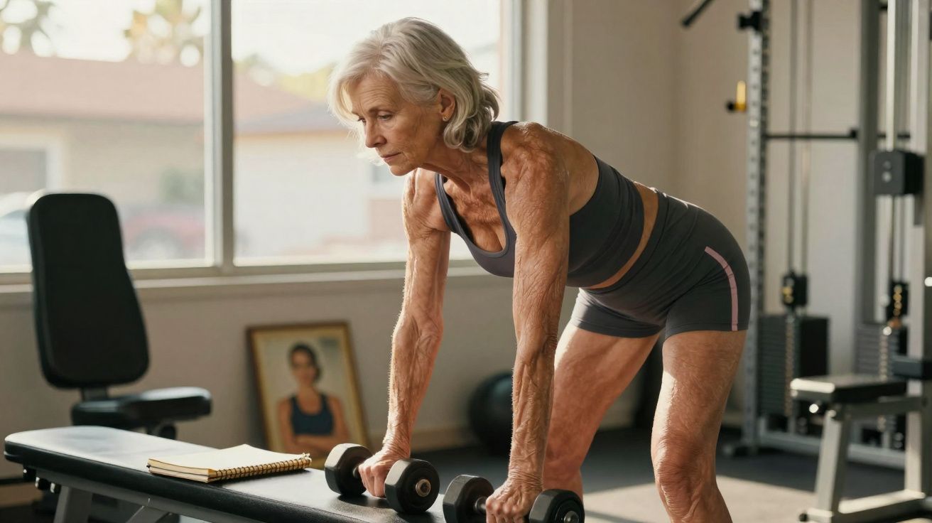 Mulher idosa treinando com halteres em academia, focada e vestindo roupa esportiva preta.