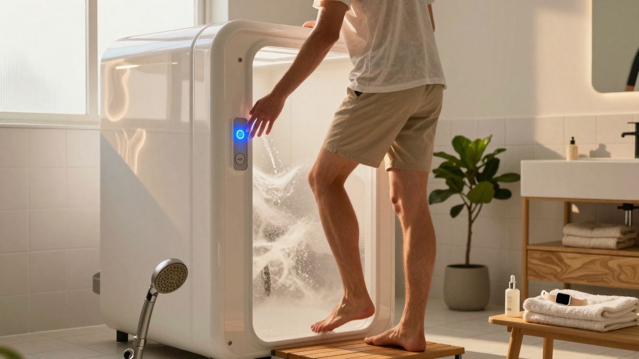 Homem entrando em cabine compacta de banho com luz azul em banheiro iluminado e planta ao fundo.