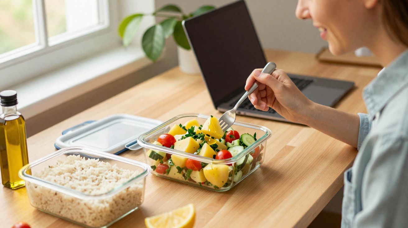 Pessoa segurando garfo com salada colorida, arroz, azeite e laptop em mesa de madeira perto da janela.