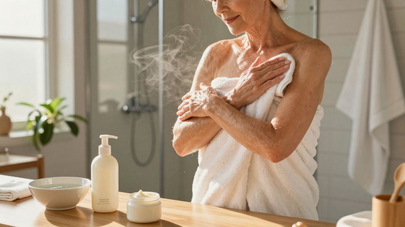 Mulher em toalha branca se cuidando no banheiro com produtos de skincare sobre bancada de madeira.