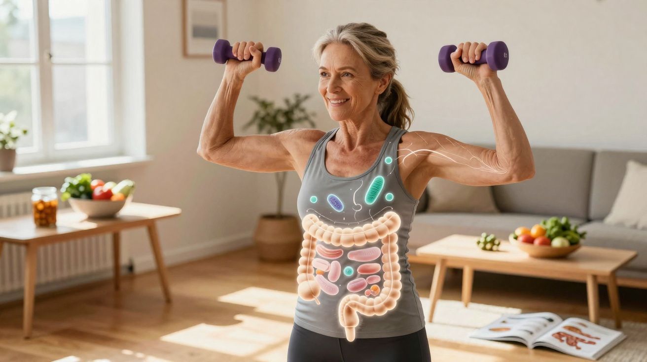 Mulher madura malhando com halteres, destacando ilustração do sistema digestivo e bactérias intestinais.