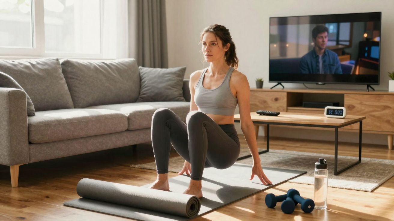 Mulher fazendo exercício no tapete de yoga em sala de estar com televisão e halteres ao lado.