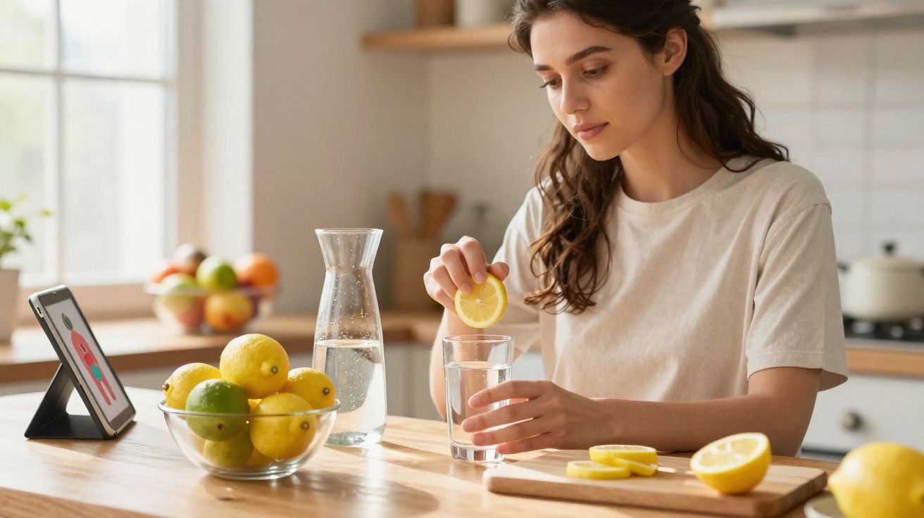 Mulher preparando água com limão em cozinha clara, com frutas e tablet na mesa de madeira.