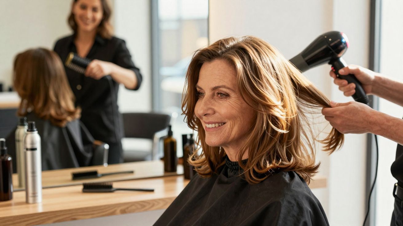 Mulher sorrindo enquanto cabelo é secado com secador no salão de beleza.