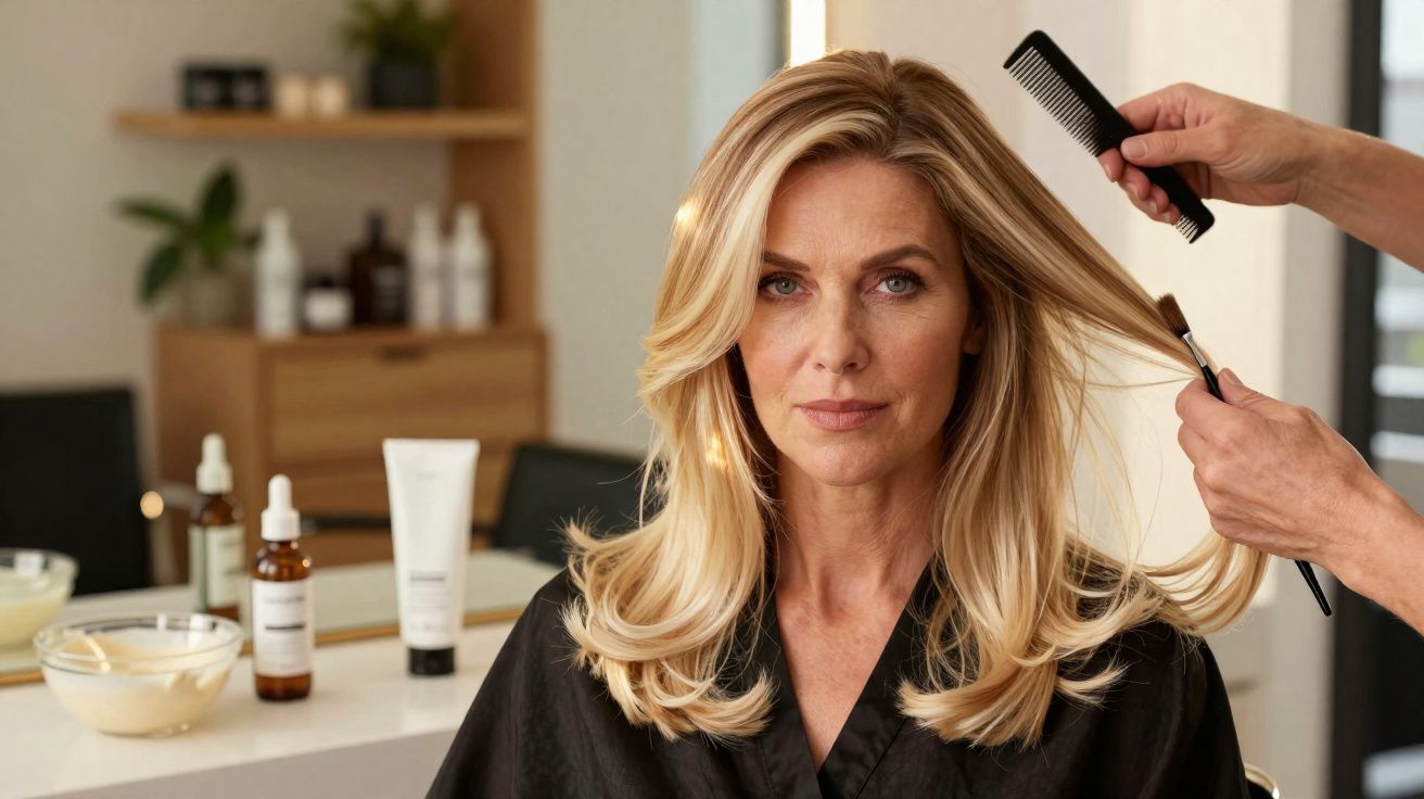 Mulher loira recebendo penteado em salão de beleza, com produtos capilares ao fundo.