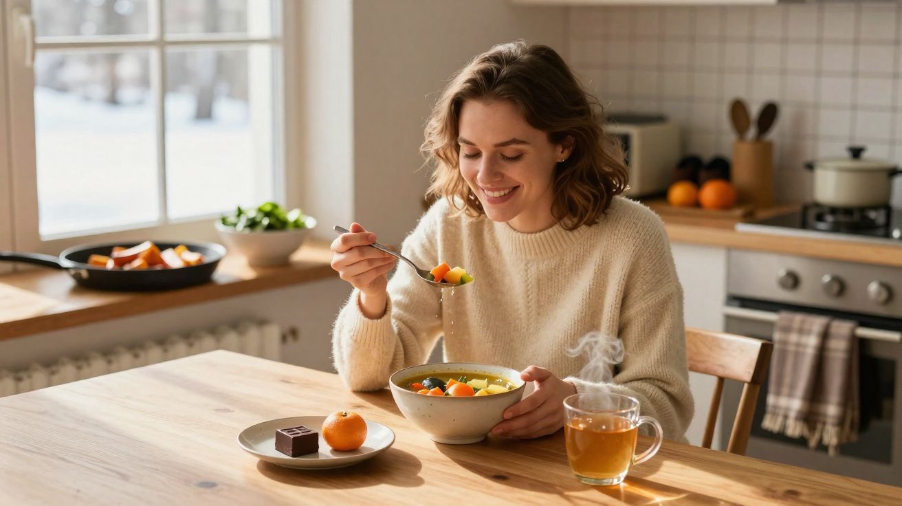 Mulher sorrindo enquanto come sopa em uma cozinha iluminada, com chá quente e sobremesa na mesa.