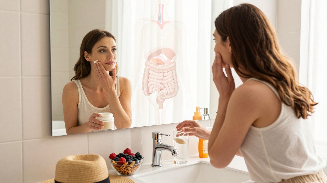 Mulher aplicando creme no rosto em frente ao espelho de banheiro com ilustração do sistema digestivo refletida.