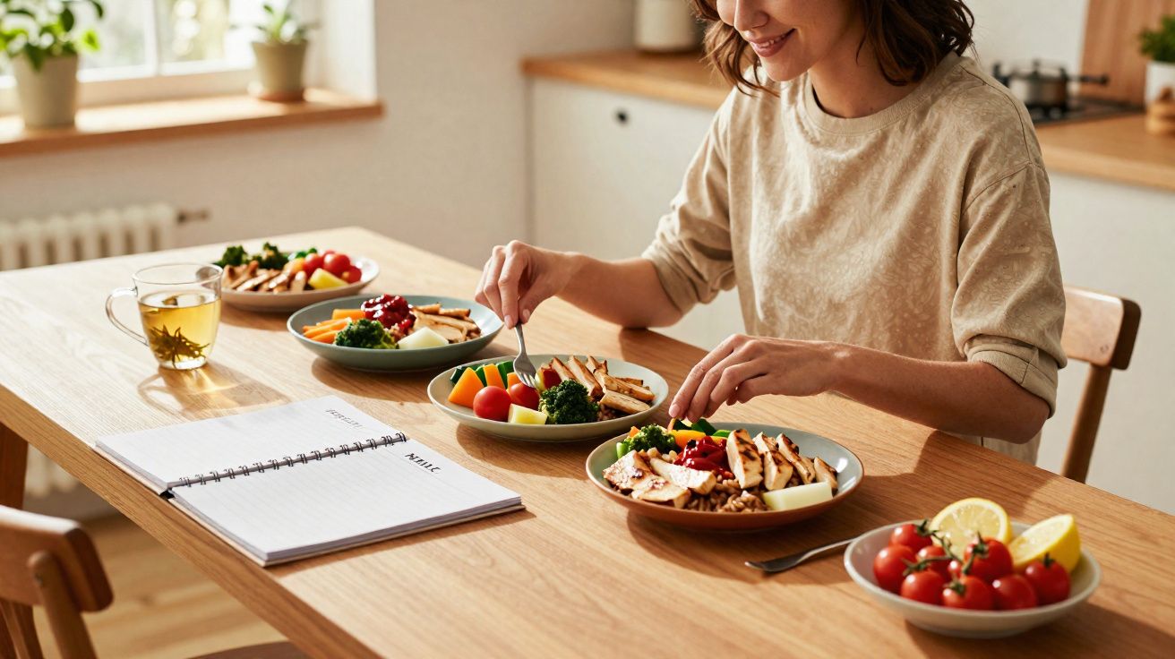 Pessoa comendo refeição saudável com legumes, frango grelhado e chá, ao lado de planner na mesa de madeira.