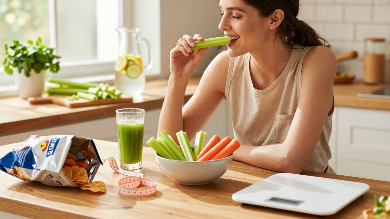 Mulher sorrindo comendo talo de salsão, ao lado de cenoura, suco verde, fita métrica e balança na cozinha.