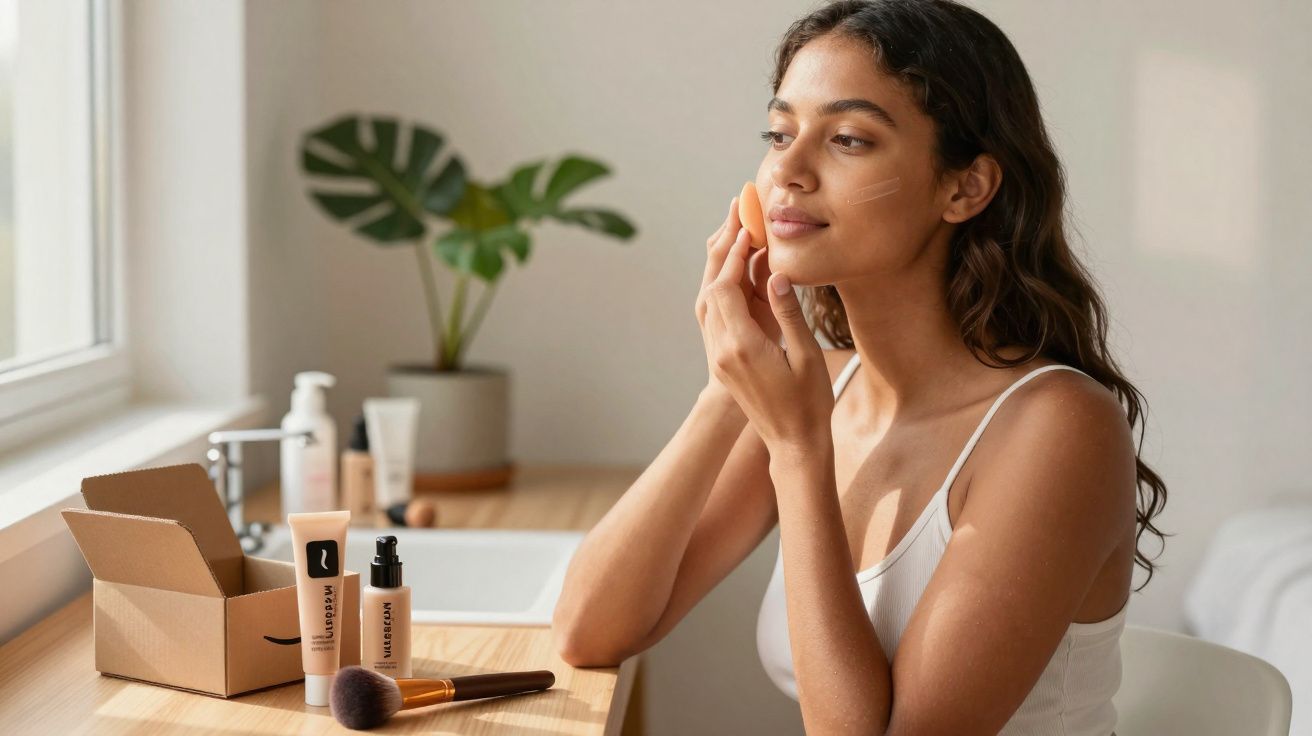 Mulher aplicando maquiagem com esponja em frente a espelho, ao lado de produtos de beleza sobre a mesa.