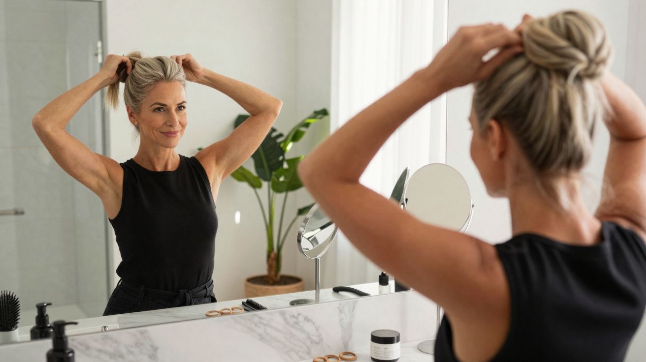 Mulher loira prendendo o cabelo em um banheiro com espelho e planta ao fundo.