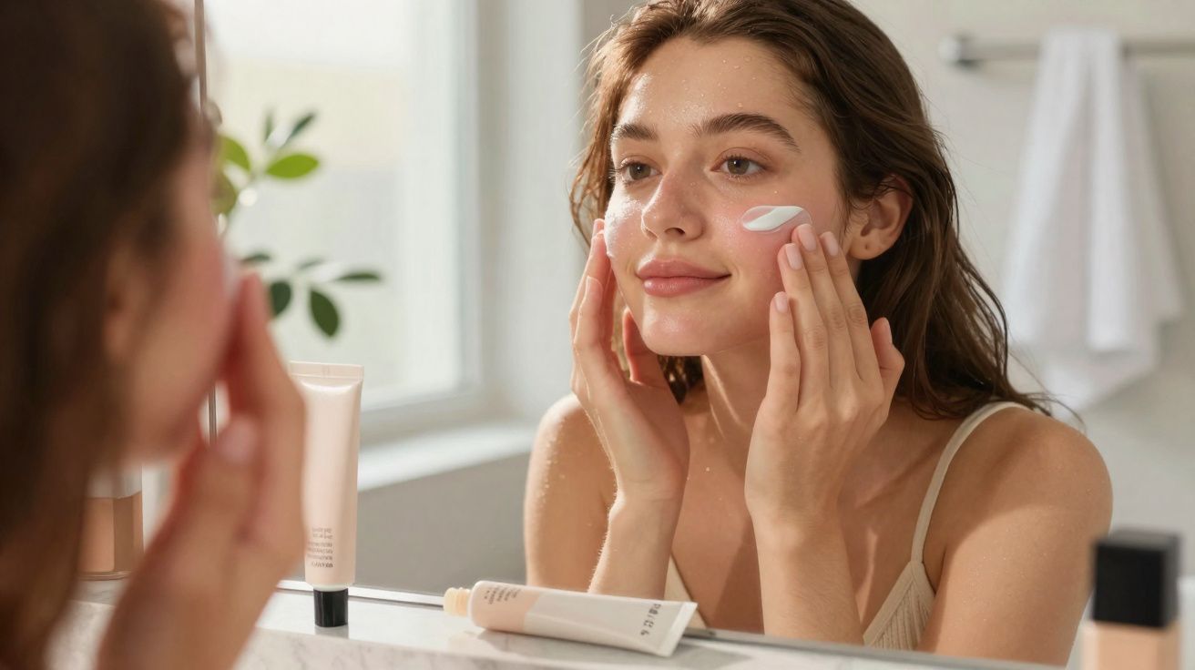 Mulher aplicando creme facial no rosto em frente ao espelho no banheiro.