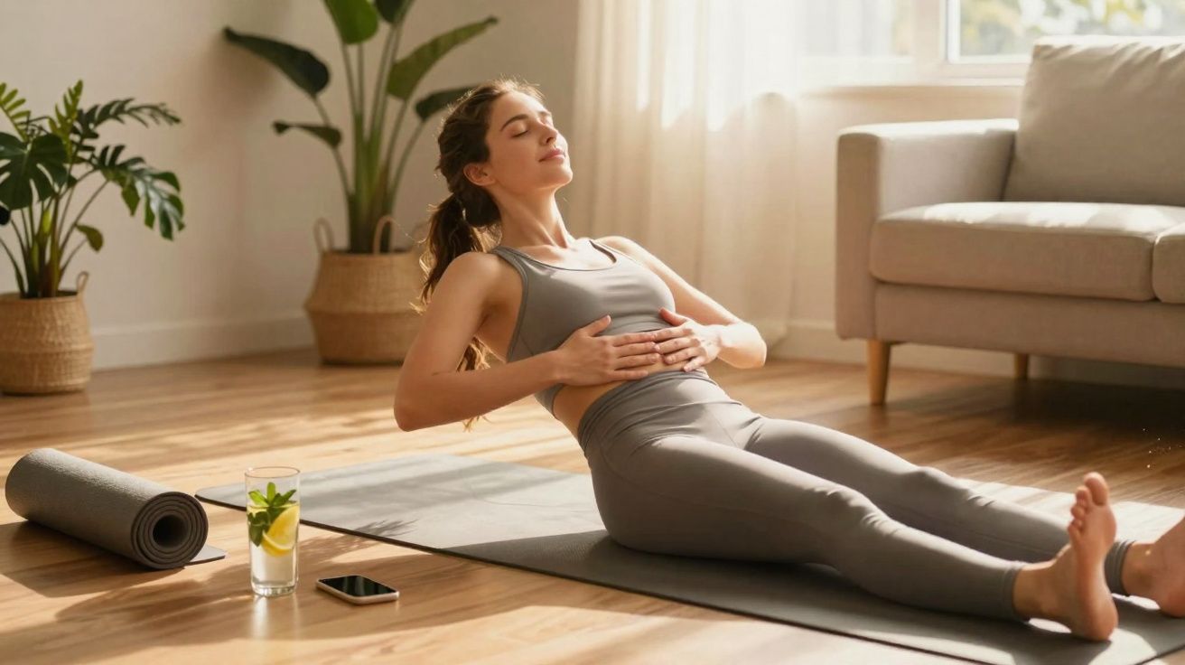Mulher praticando exercícios de alongamento em tapete de yoga na sala de estar iluminada.