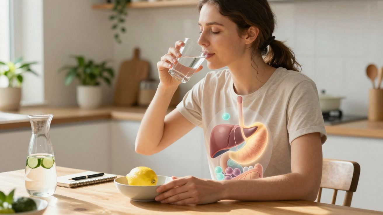Mulher bebendo água em cozinha, com ilustração transparente do sistema digestivo no corpo dela.
