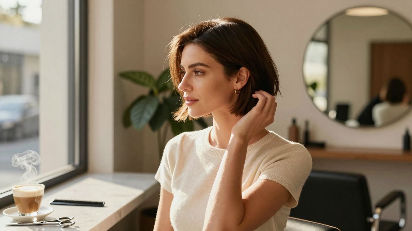 Mulher de cabelos curtos sentada em cafeteria com xícara de café fumegante na mesa ao lado da janela.