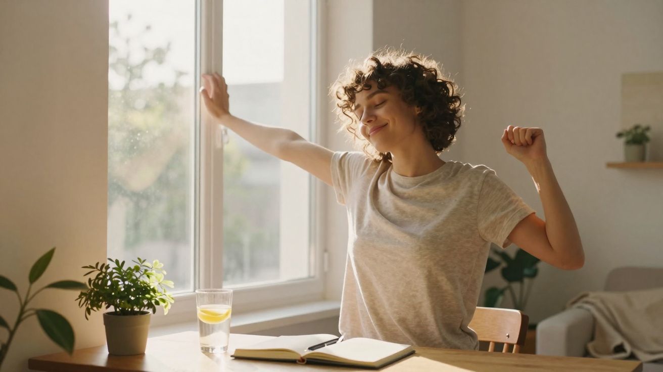 Mulher jovem se espreguiçando ao lado de janela em ambiente iluminado com livro e copo de água na mesa.