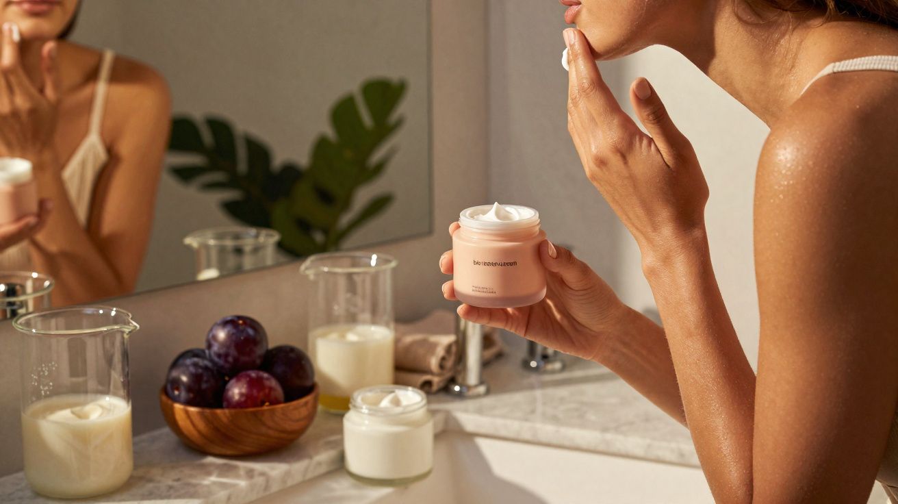 Mulher aplicando creme no rosto em banheiro com frutas e potes sobre a pia.