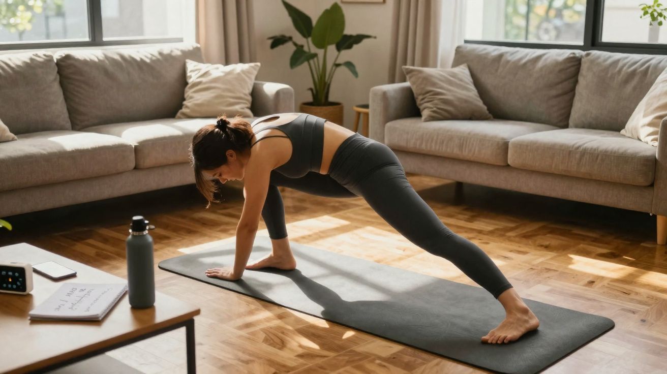 Mulher fazendo alongamento em tapete de yoga na sala de estar iluminada, com sofá ao fundo.