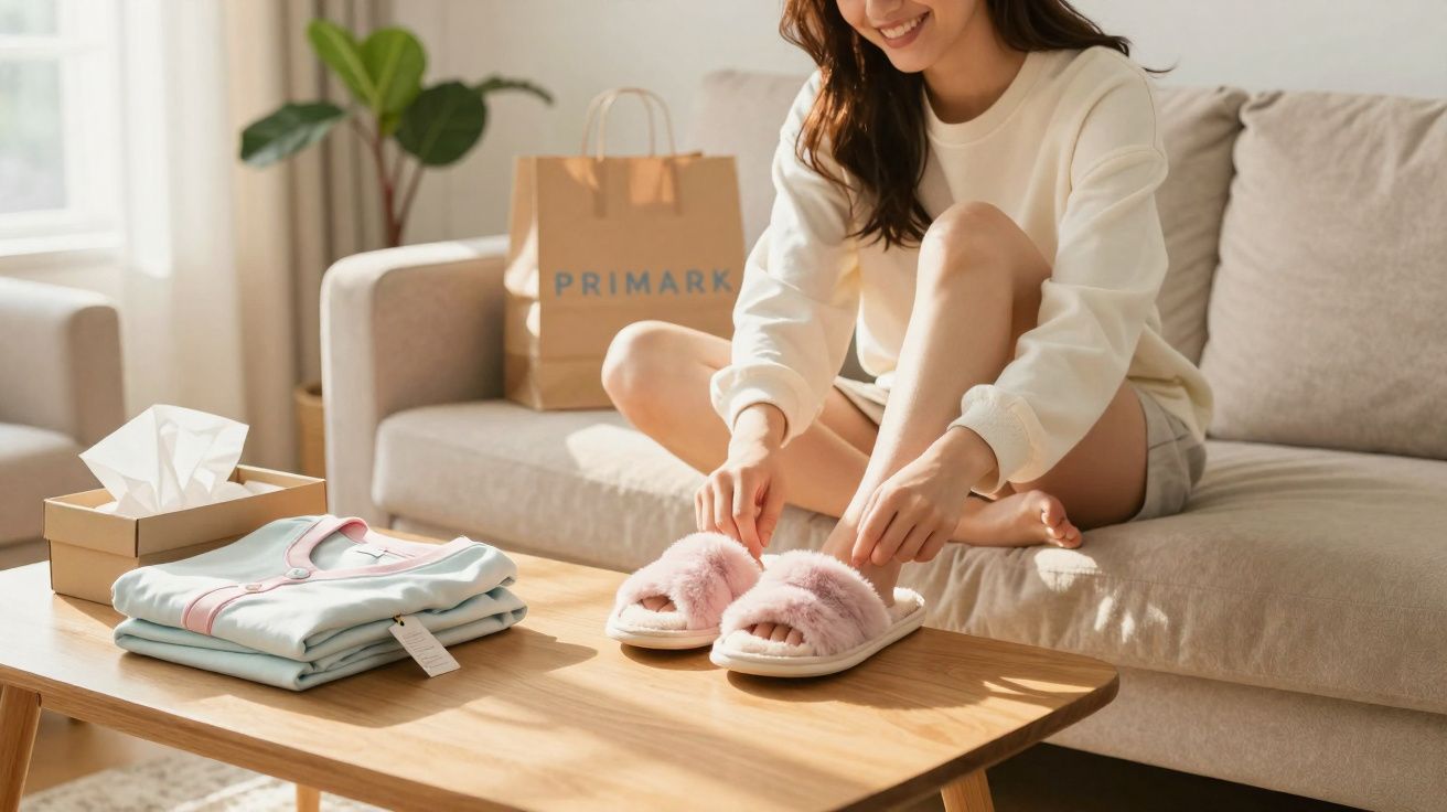 Mulher sentada no sofá calçando chinelos rosa peludos em sala clara com roupas sobre a mesa.