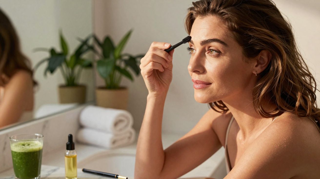 Mulher aplicando maquiagem nas sobrancelhas em frente ao espelho no banheiro.