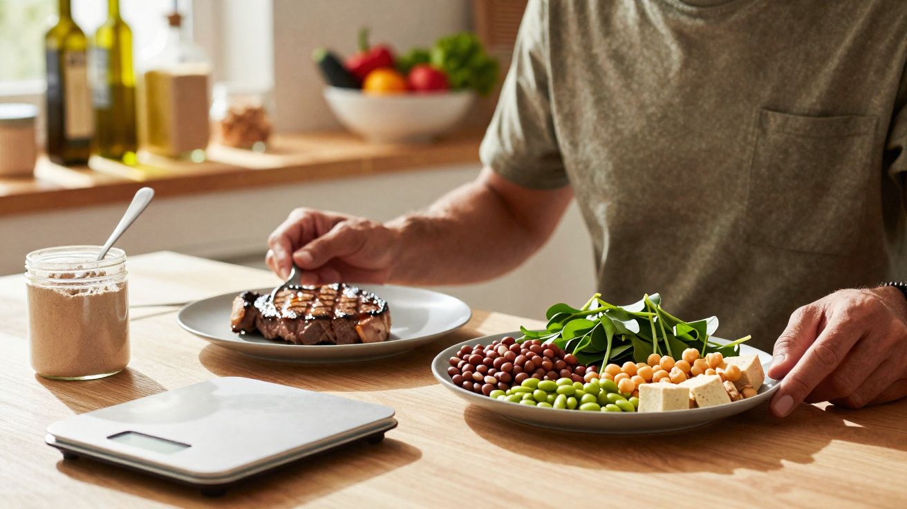 Pessoa segurando prato com legumes, tofu e folhas verdes, com bife e pote ao lado na mesa.