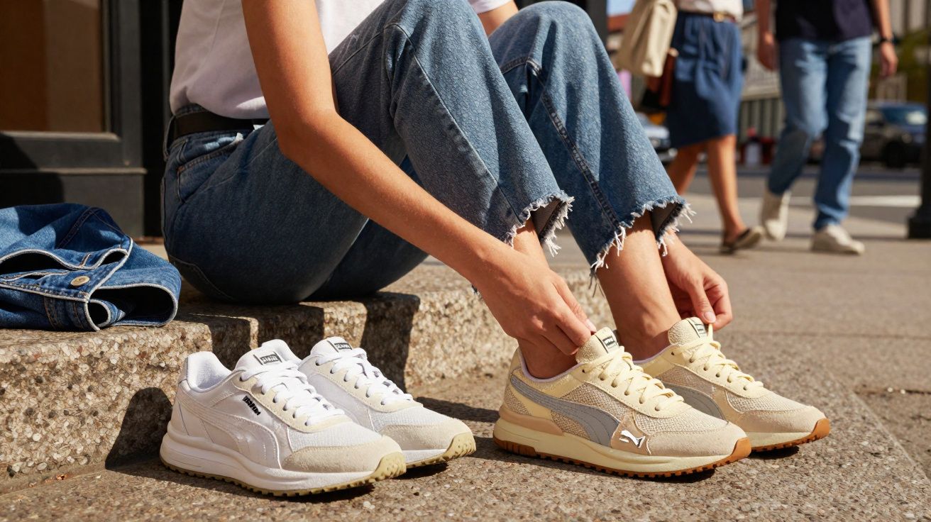 Pessoa sentada amarrando o tênis bege com um tênis branco ao lado, em calçada ensolarada.