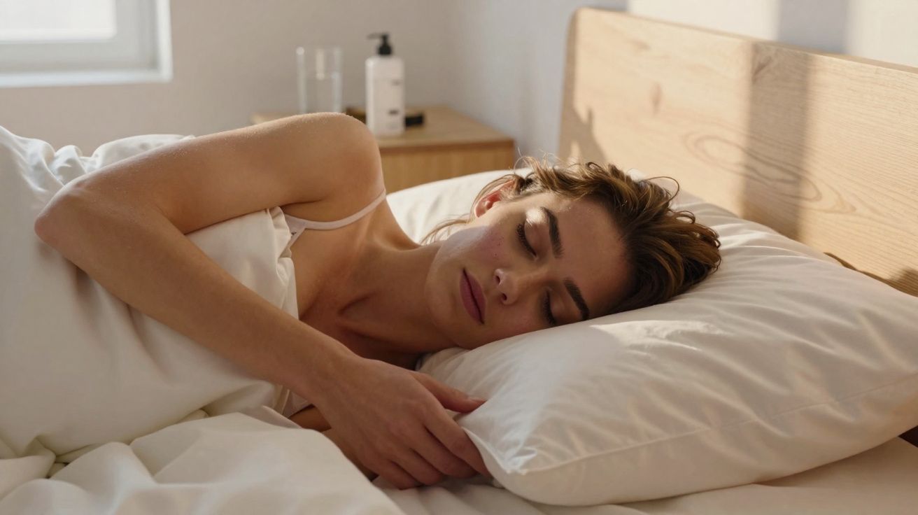 Mulher dormindo de lado em cama com lençol branco em ambiente iluminado e tranquilo.