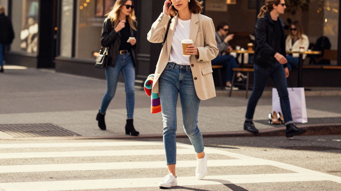 Mulher elegante com blazer bege e jeans cruza rua urbana tomando café e falando ao celular.