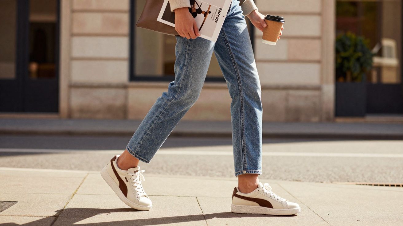 Pessoa caminhando na rua com calça jeans, tênis branco e segurando café e revista.