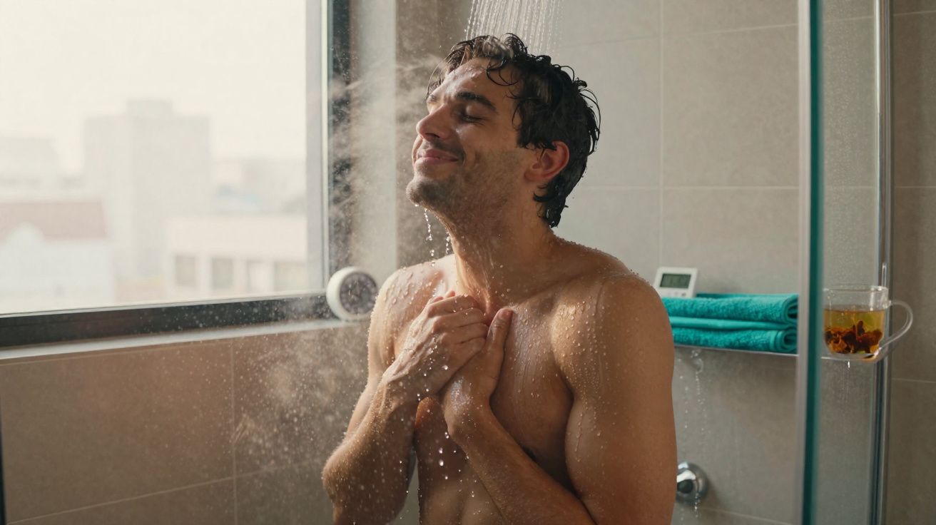 Homem tomando banho de chuveiro em banheiro com janela, expressão de relaxamento e bem-estar.