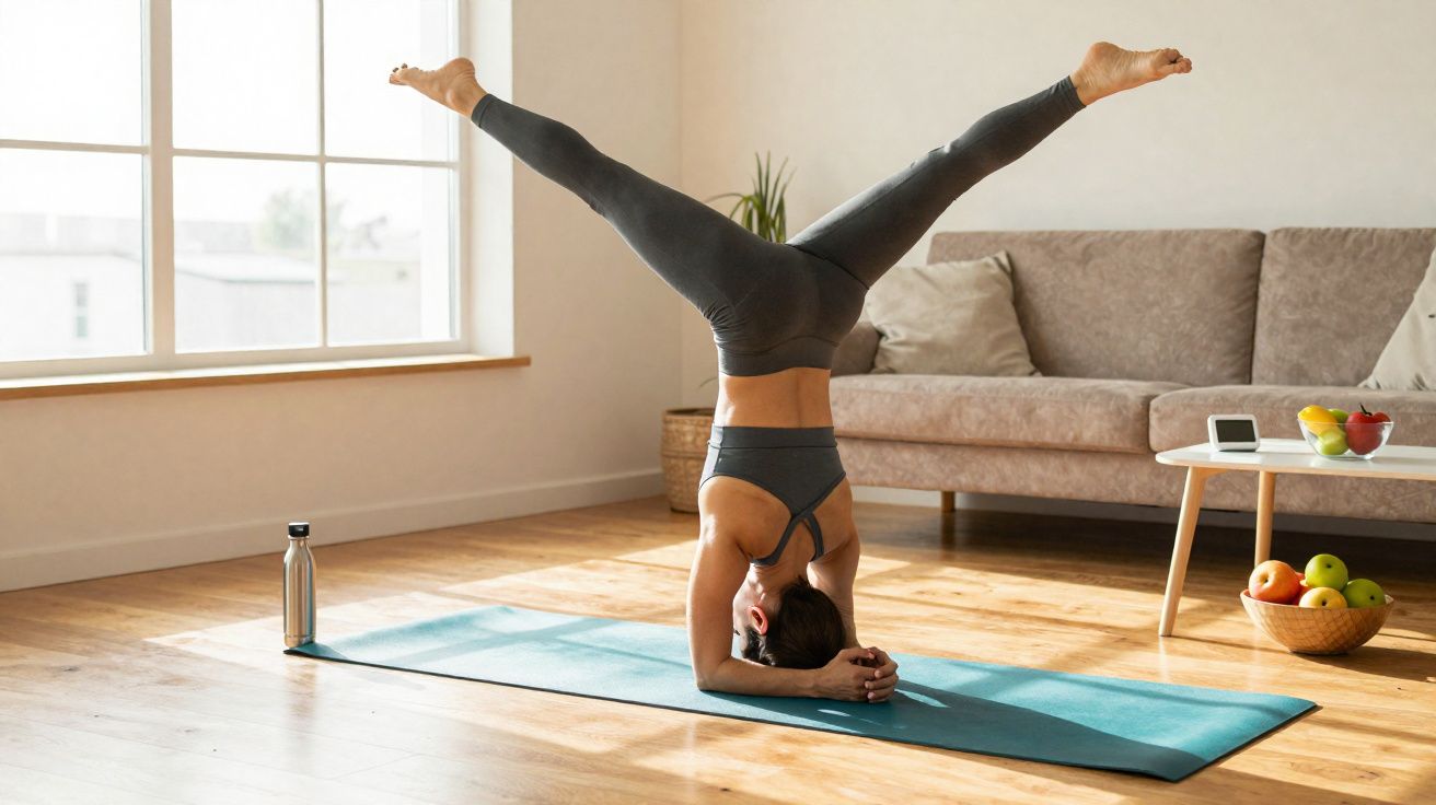 Mulher praticando yoga com posição de parada de cabeça em tapete azul na sala iluminada.