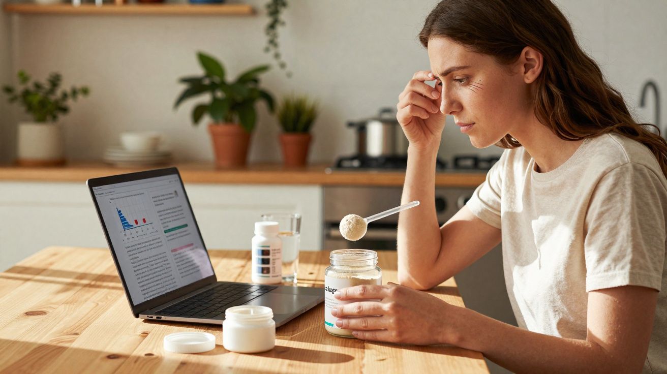 Mulher sentada à mesa com pote de suplemento e laptop aberto, em ambiente de cozinha.