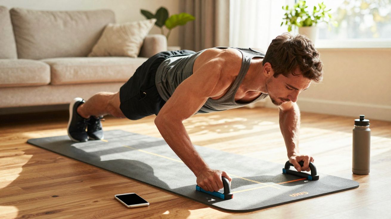 Homem fazendo flexão apoiado em barras de exercício sobre tapete em sala iluminada.