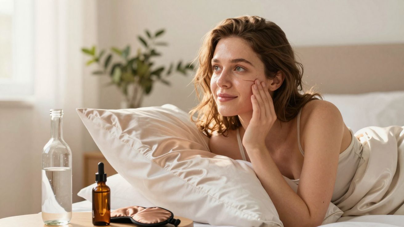 Mulher deitada na cama, sorrindo e aplicando creme no rosto em ambiente iluminado e aconchegante.