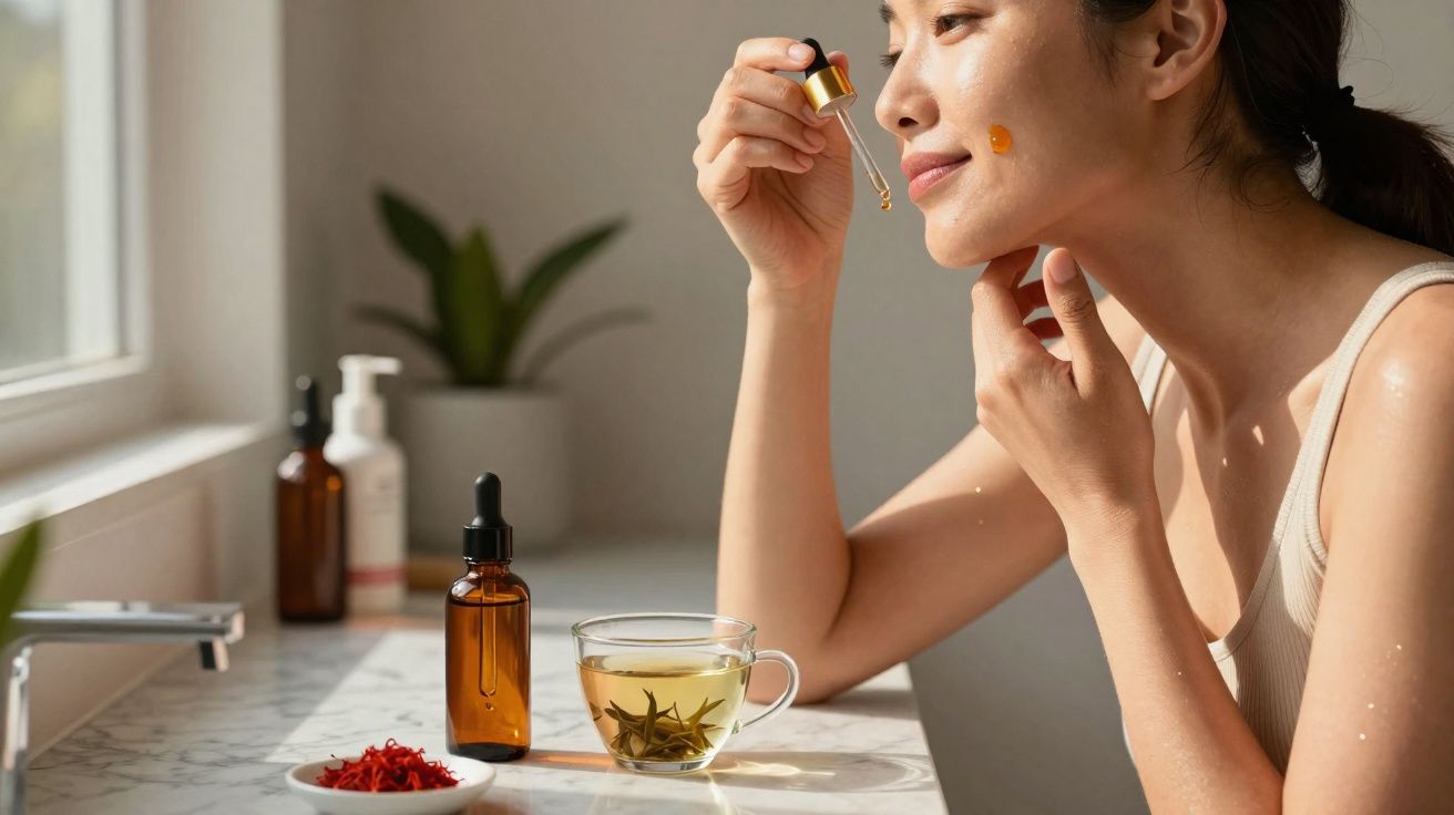 Mulher aplicando sérum no rosto perto de jarra com chá em balcão iluminado por luz natural.