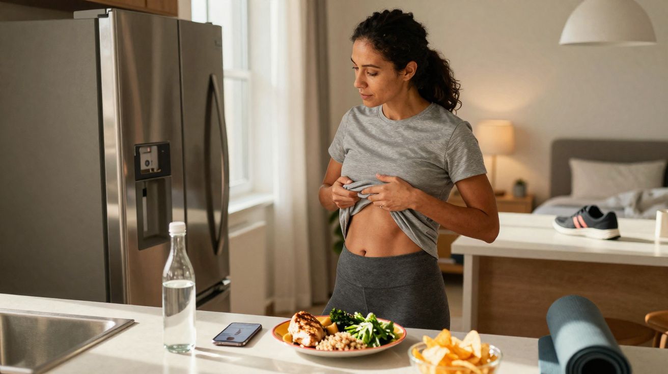 Mulher observa barriga enquanto está na cozinha com comida saudável e garrafa de água na bancada.