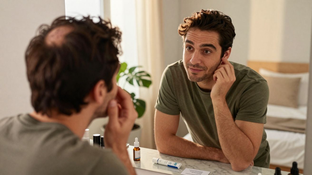 Homem jovem olhando para espelho enquanto cuida do rosto em ambiente interno iluminado.