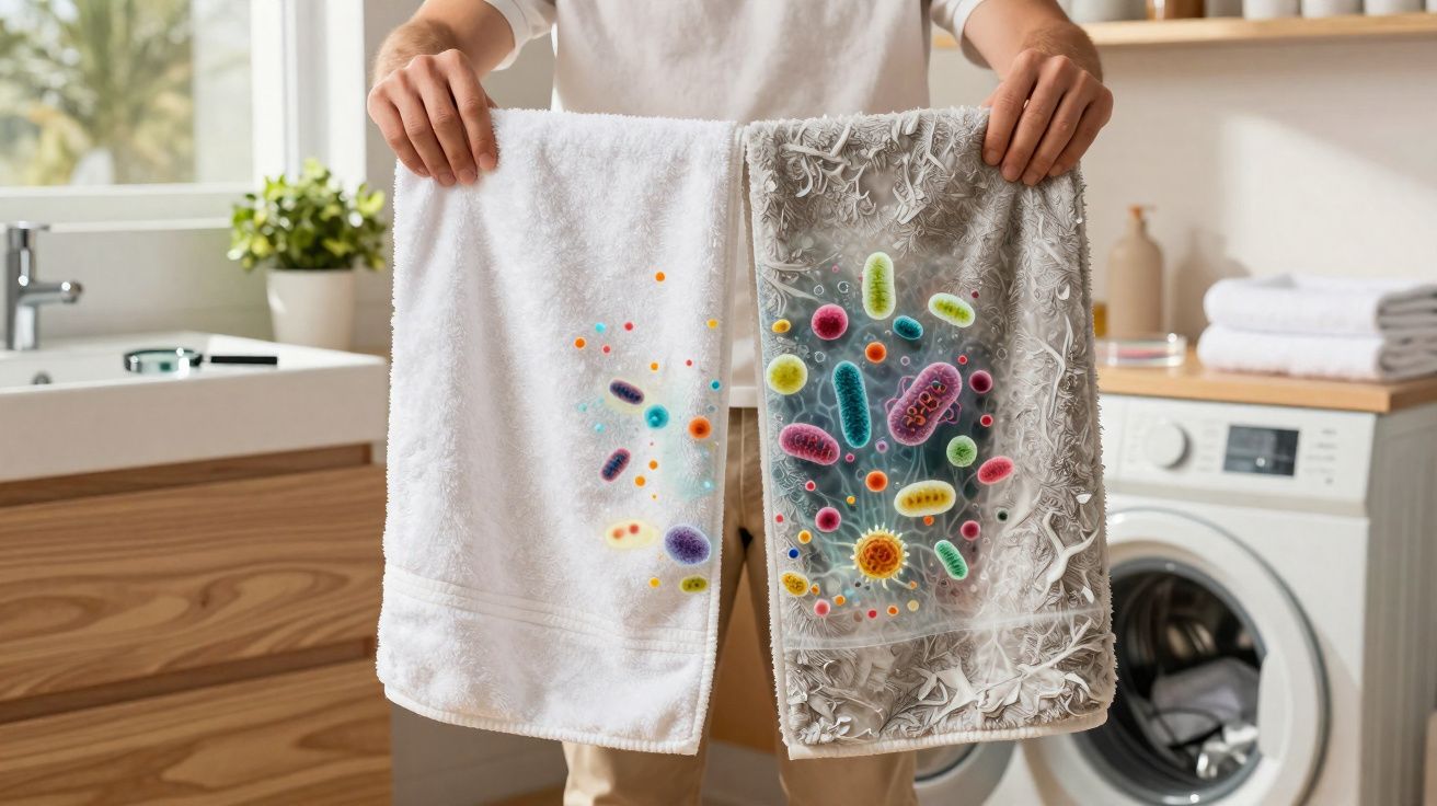 Pessoa segurando duas toalhas, uma limpa e outra suja com ilustração de germes coloridos, em lavanderia.