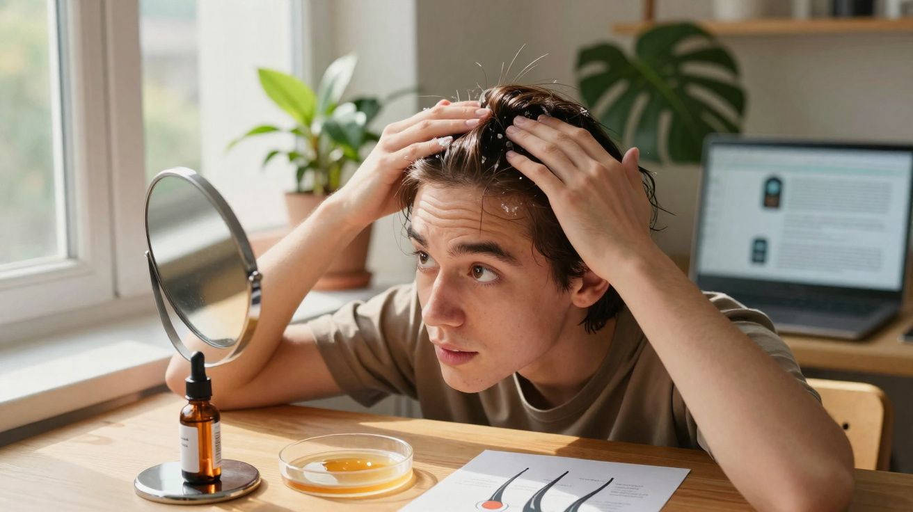 Homem com braços no cabelo examina o couro cabeludo no espelho em mesa com produtos e laptop aberto.