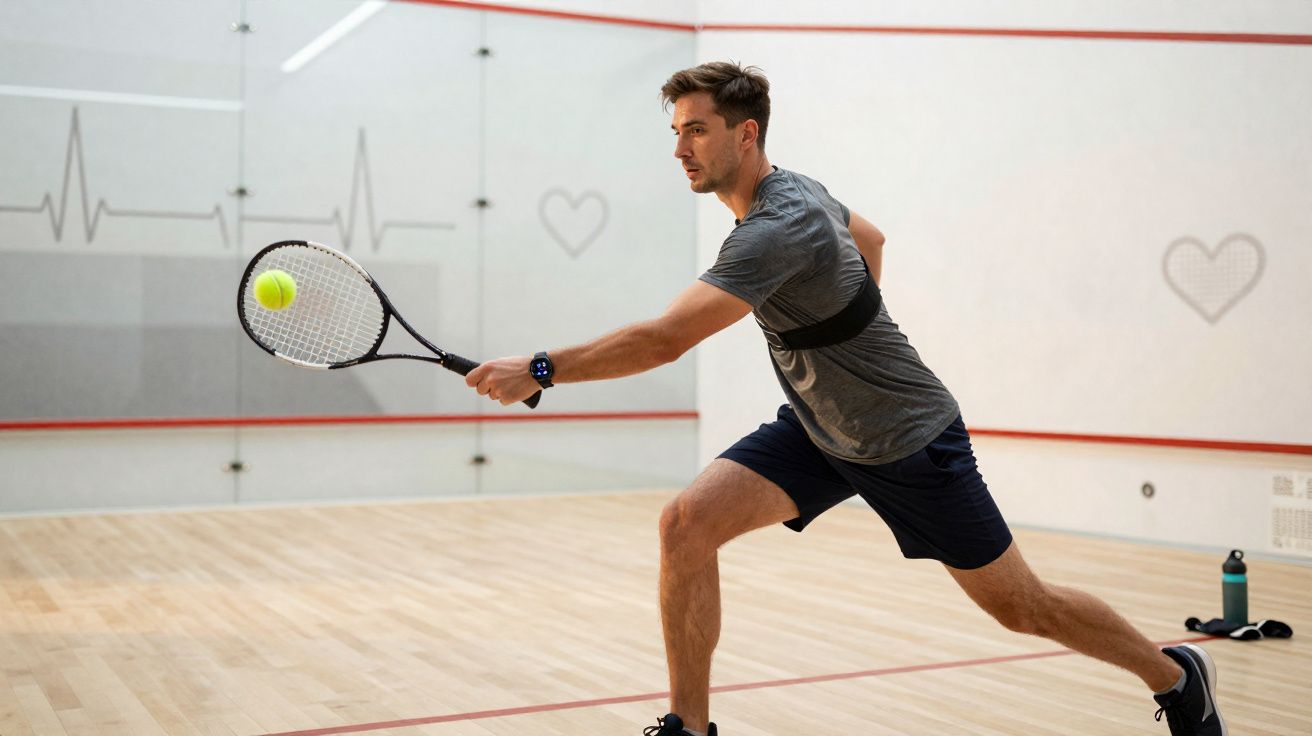 Homem jogando squash em quadra interna, esticando o braço para rebater a bola amarela com raquete preta.