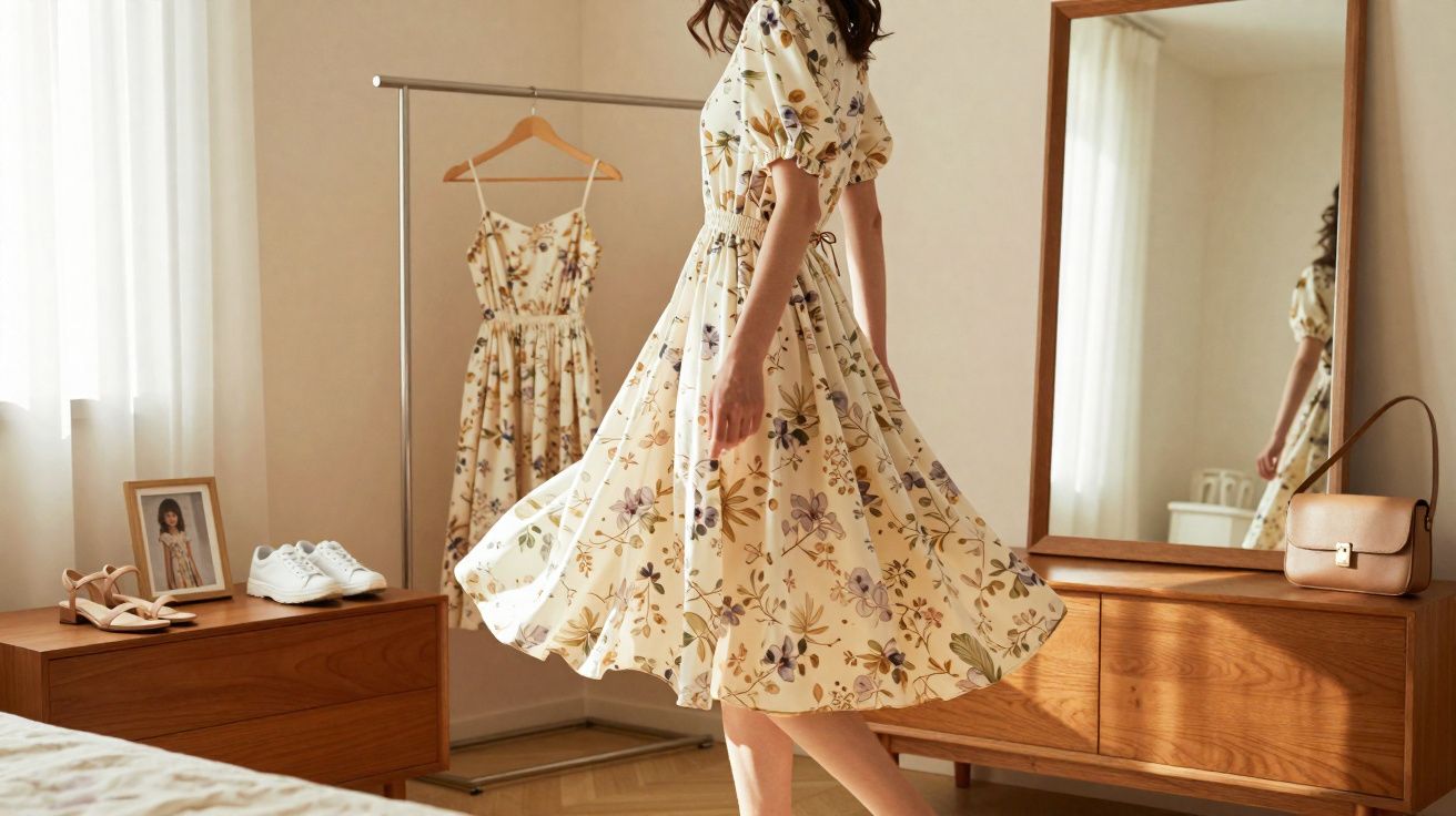 Mulher dançando com vestido floral bege em quarto com espelho, penteadeira e sapatos.