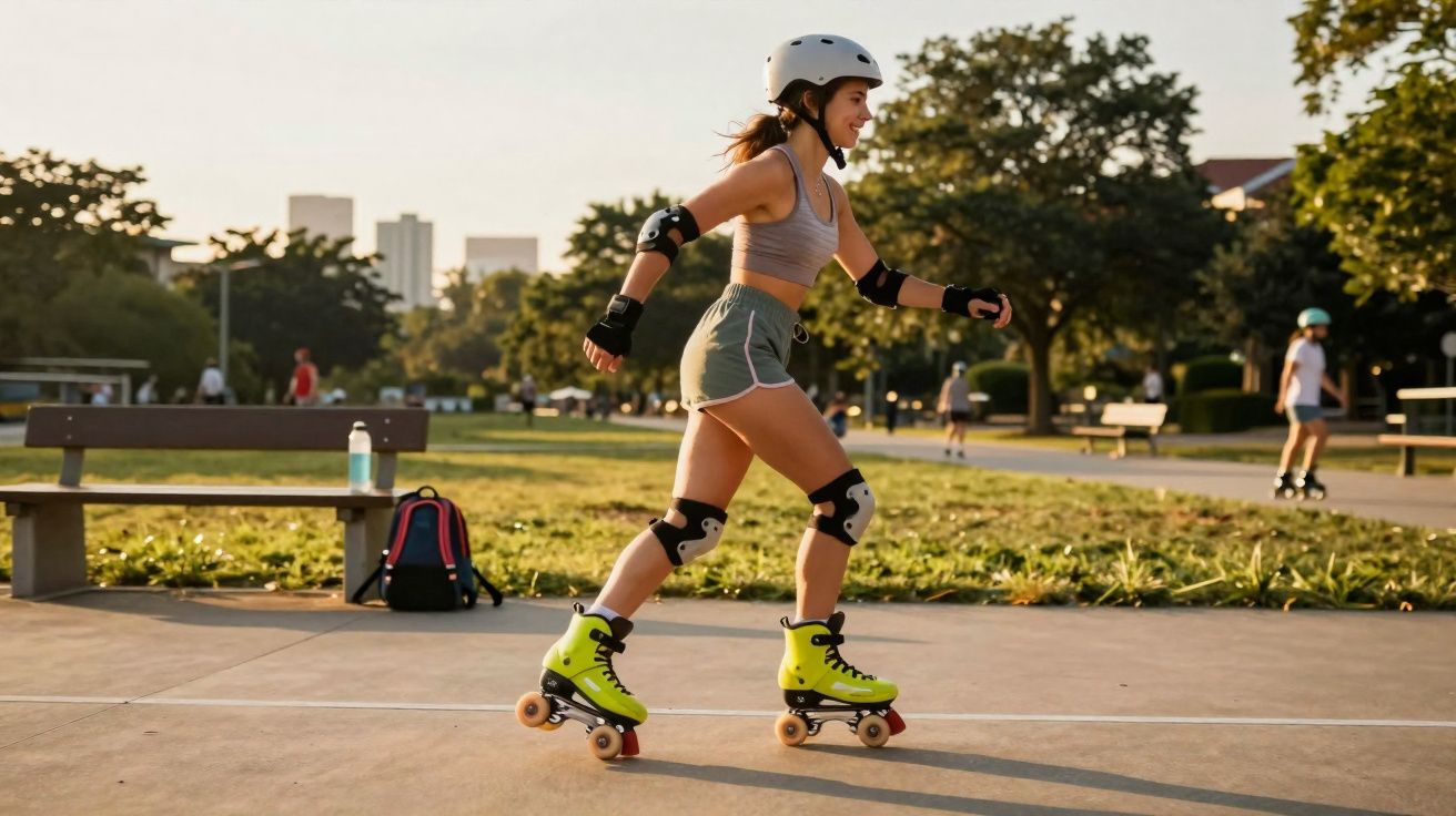 Mulher jovem patinando em parque ao ar livre, usando capacete e equipamentos de proteção.