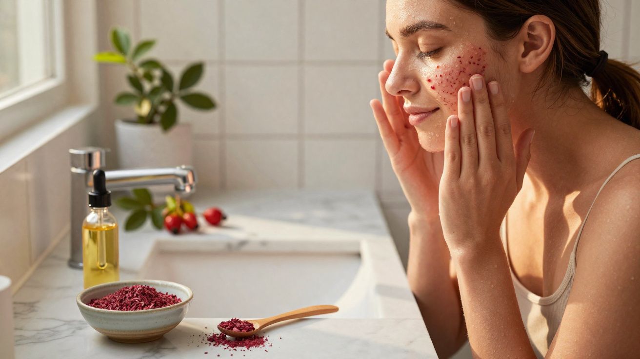 Mulher aplicando esfoliante facial vermelho no rosto em banheiro iluminado pela luz natural.