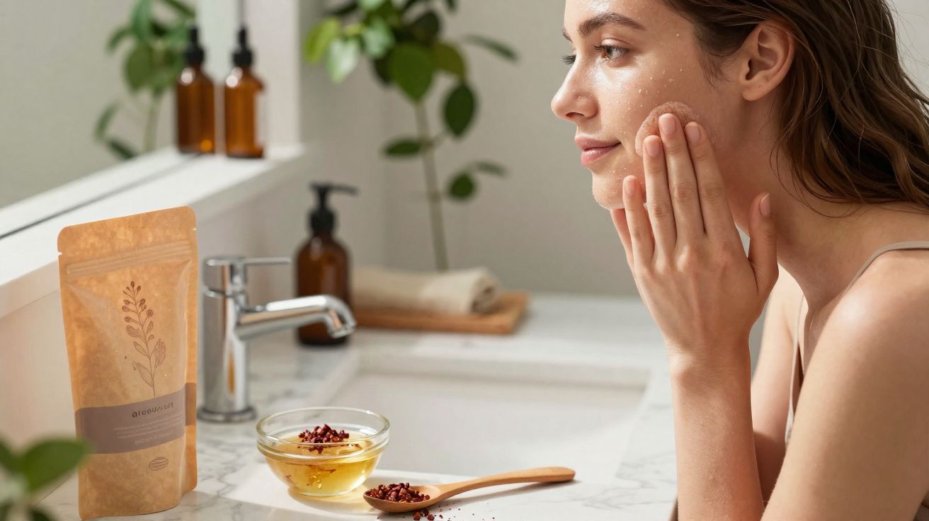 Mulher aplicando creme facial na pele em banheiro com produtos naturais e planta ao fundo.