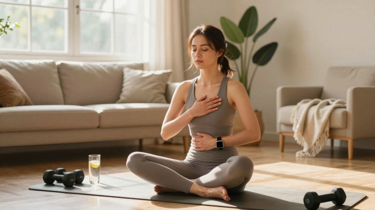 Mulher sentada em posição de yoga, meditando e praticando respiração em sala iluminada com halteres ao redor.